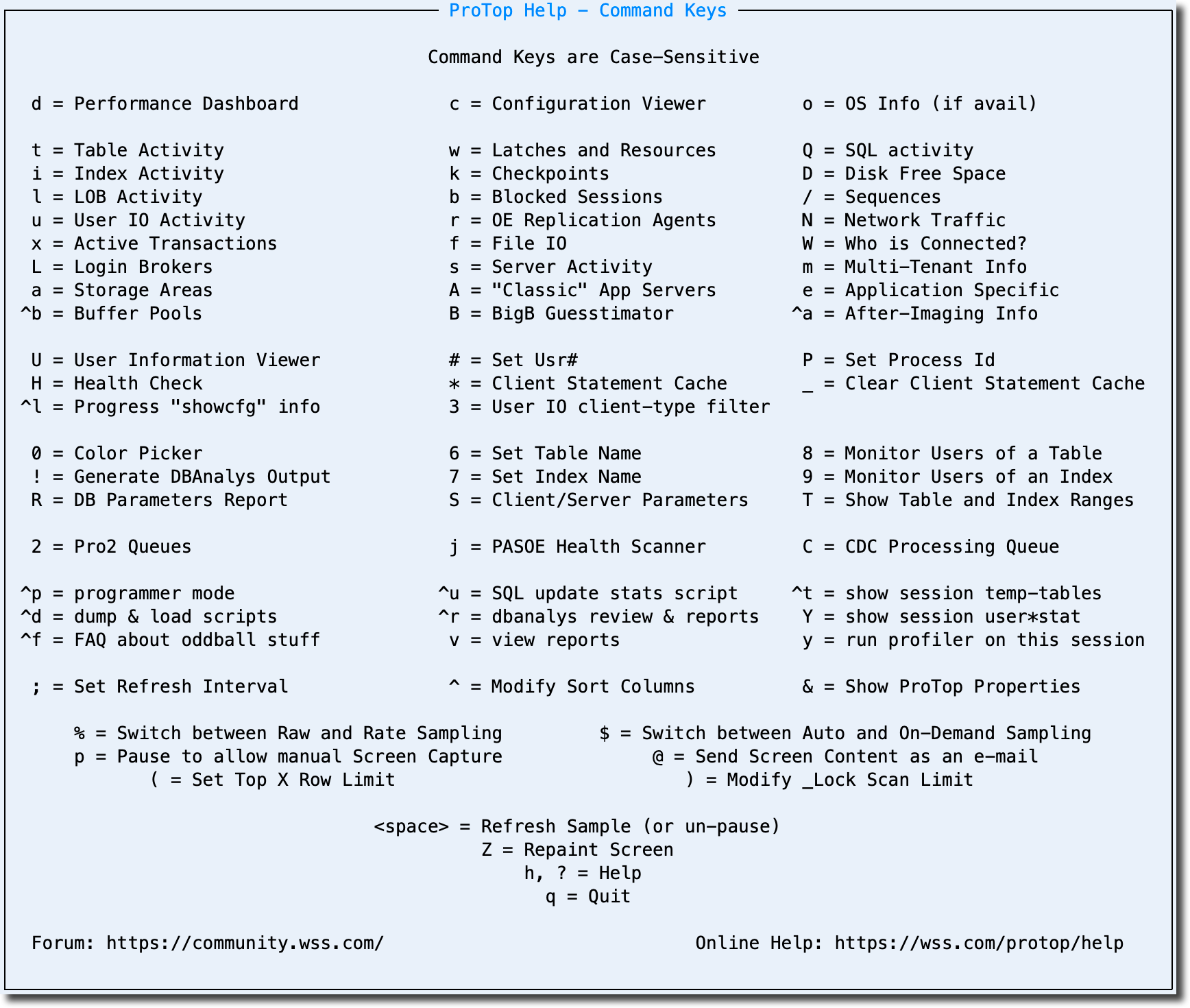protop-help command keys 2